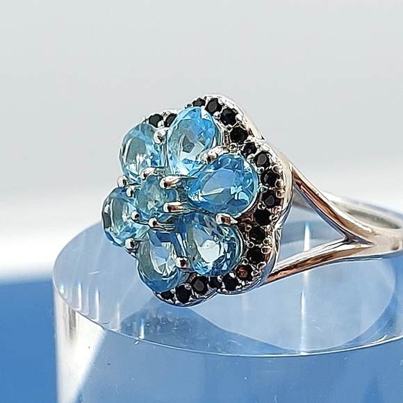 Natural Blue Apatite 5x4mm & Black Spinel 925 Sterling Silver Ring Size 7 - Picture 11 of 11